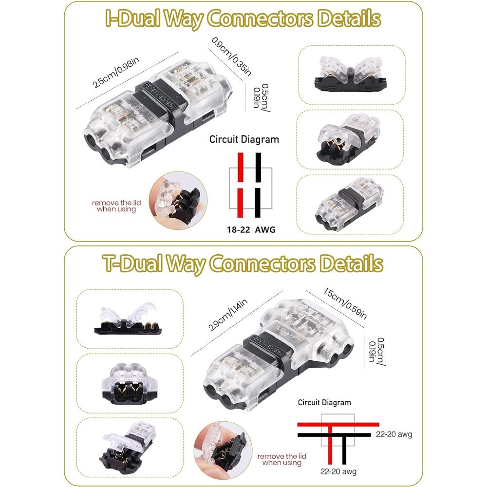 5Pcs 2 Pin 3/2 Way Wire Connector, Universal Compact Wire T Tap I Type Connectors Electrical Wire Connection Self-Stripping