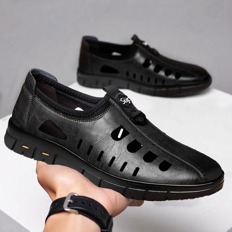 Men's Breathable Hollow Out Leather Slip-On Lightweight Casual Loafers.