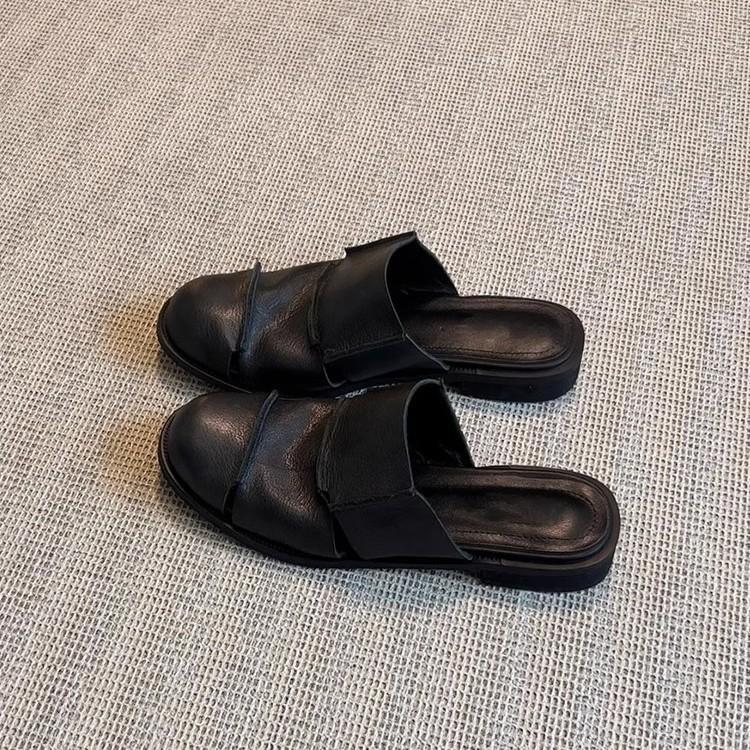 Soft Leather Version! Black Bag Head Half Slippers Women's Retro Soft Leather Lazy One-pedal Muller Shoes Low-heeled Roman Shoes