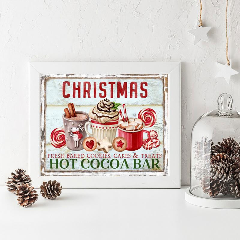 Kitchen Christmas Wall Art Print Hot Chocolate, Candyland Express, Gingerbread Bakery Sign Poster Vintage Canvas Painting Decor