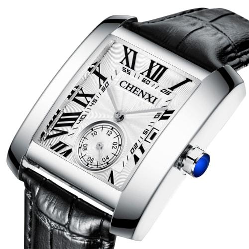 JewelryWe Retro Fashion Men's Watch with Roman Alphabet Dial, Date Display, Leather Band, Perfect for Commuting and School - Silver