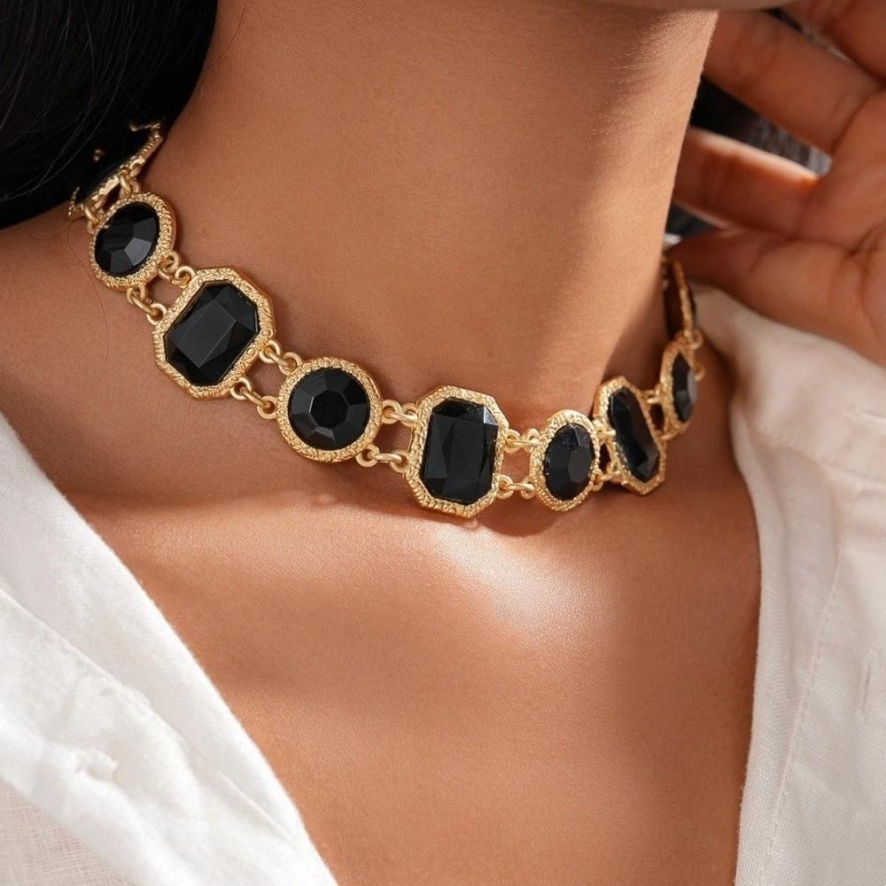 Square Circular Retro Black Earrings Collarbone Chain Dark Style Neck Chain  Party