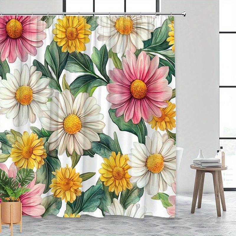1pc Daisy Seamless Pattern Shower Curtain, Watercolor Style Digital Illustration, Botanical Style, Polyester Fabric