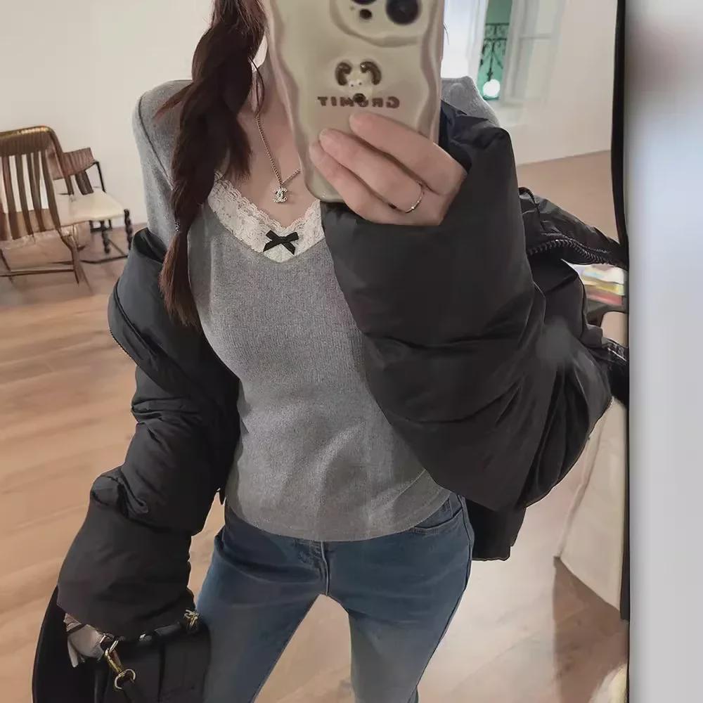 Women's German Velvet Long-Sleeve Lace Splicing Top - Warm Autumn/Winter BM Style