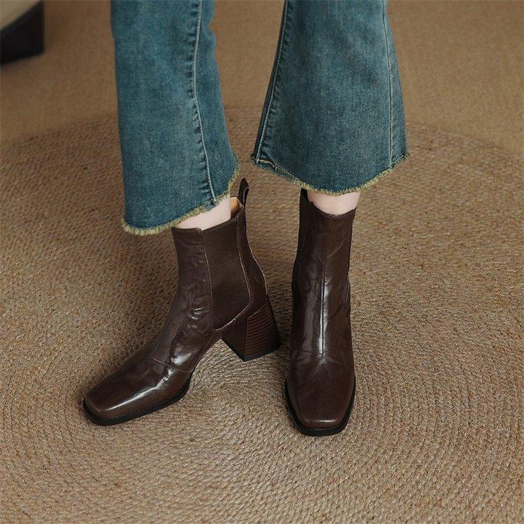 

Женские новые осенне-зимние кожаные из овчины эластичные туфли на высоком каблуке с квадратным носком, ботильоны челси до икры 35