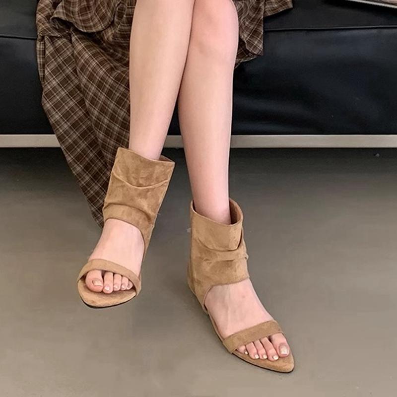 Fashion SUOJIALUN New Brand Women Ankle Boots Shoes Fashion Pointed Toe Open Toe Slip On Ladies Elegant Short Boot Flat Heel Sandal Boot