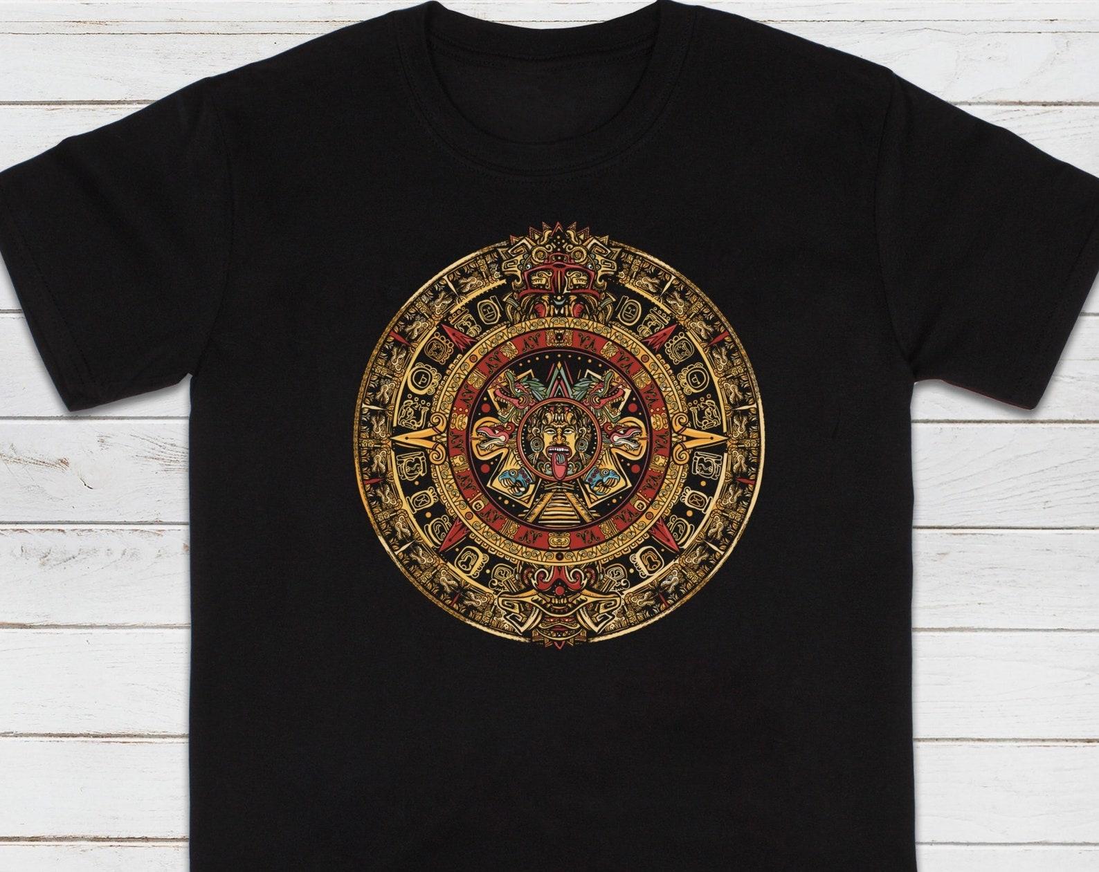 Mayan Calendar T-Shirt, Aztec Symbol Art, Printed Cotton Tee S