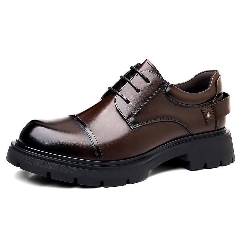 Men s Thick Sole Cowhide Leather Derby Shoes - Height Increasing Brogues for Weddings 43