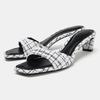 Luxury Designer Fabric Heeled Mule Sandal Women Fashion Plaid Front Strap Slide Sandal Sexy Square Toe Open Toe Stiletto Slipper