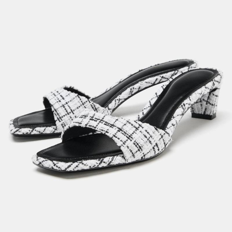 Luxury Designer Fabric Heeled Mule Sandal Women Fashion Plaid Front Strap Slide Sandal Sexy Square Toe Open Toe Stiletto Slipper 35