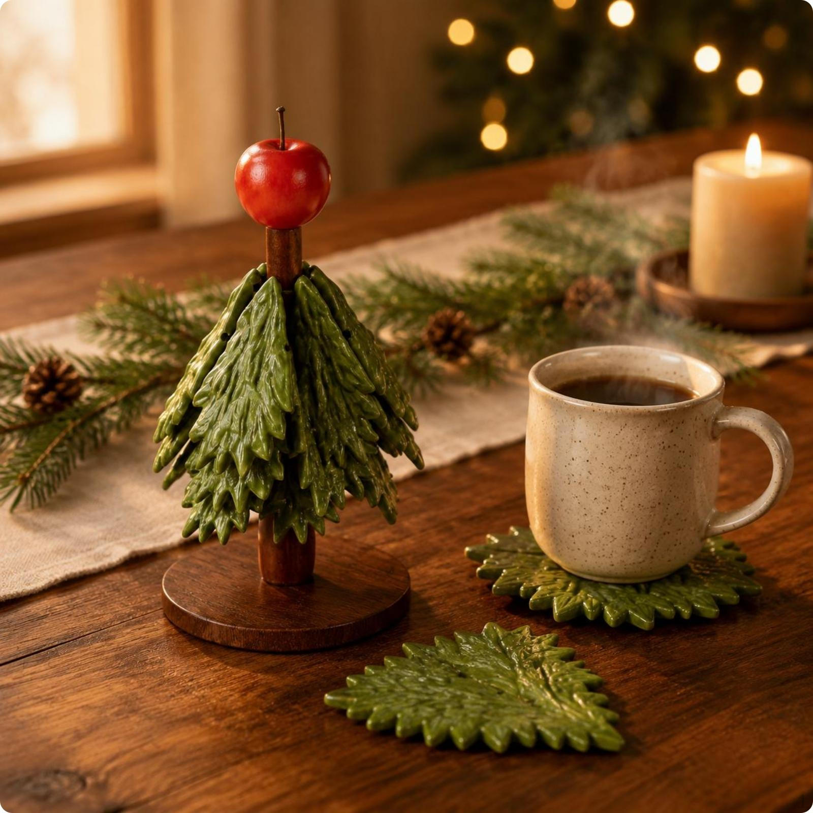 Wooden Pad Set Creative Design Christmas Tree for Kitchen 3 PC Apple 3 PC Apple