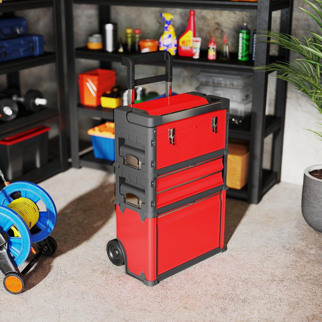 3-Tier Interlocking Steel and Plastic Toolbox Set with Wheels