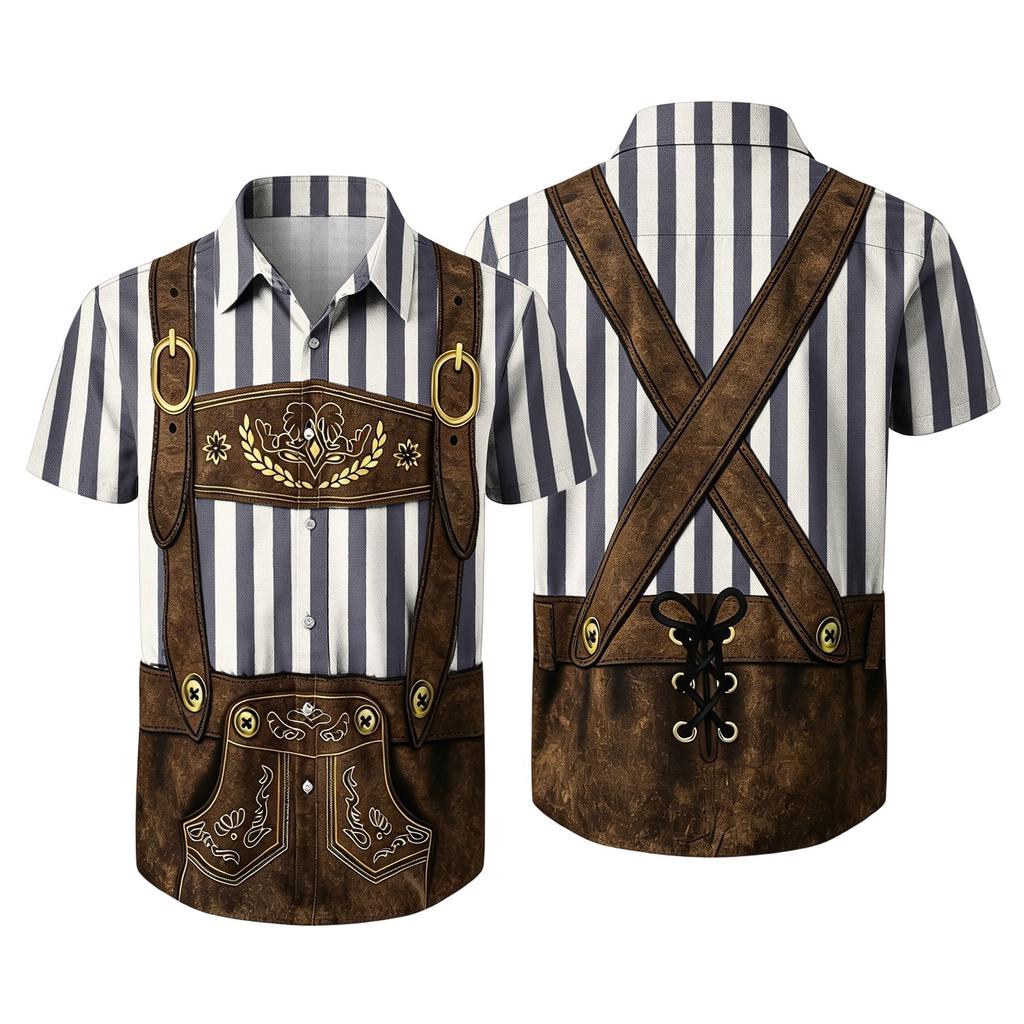 Men's Short Sleeve Button Up Shirt Festival Retro Beer Elements Print Casual Loose Fit Party Daily Wear Shirt