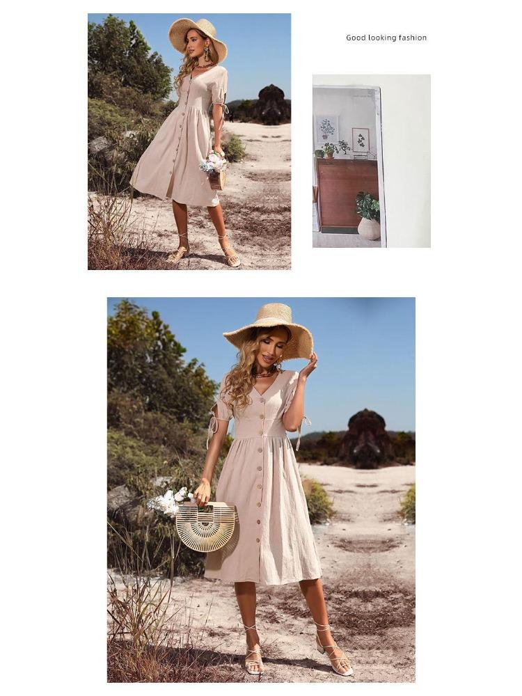 Women's Summer Cotton Linen V-Neck Short Sleeves Buttoned Dress European American Style