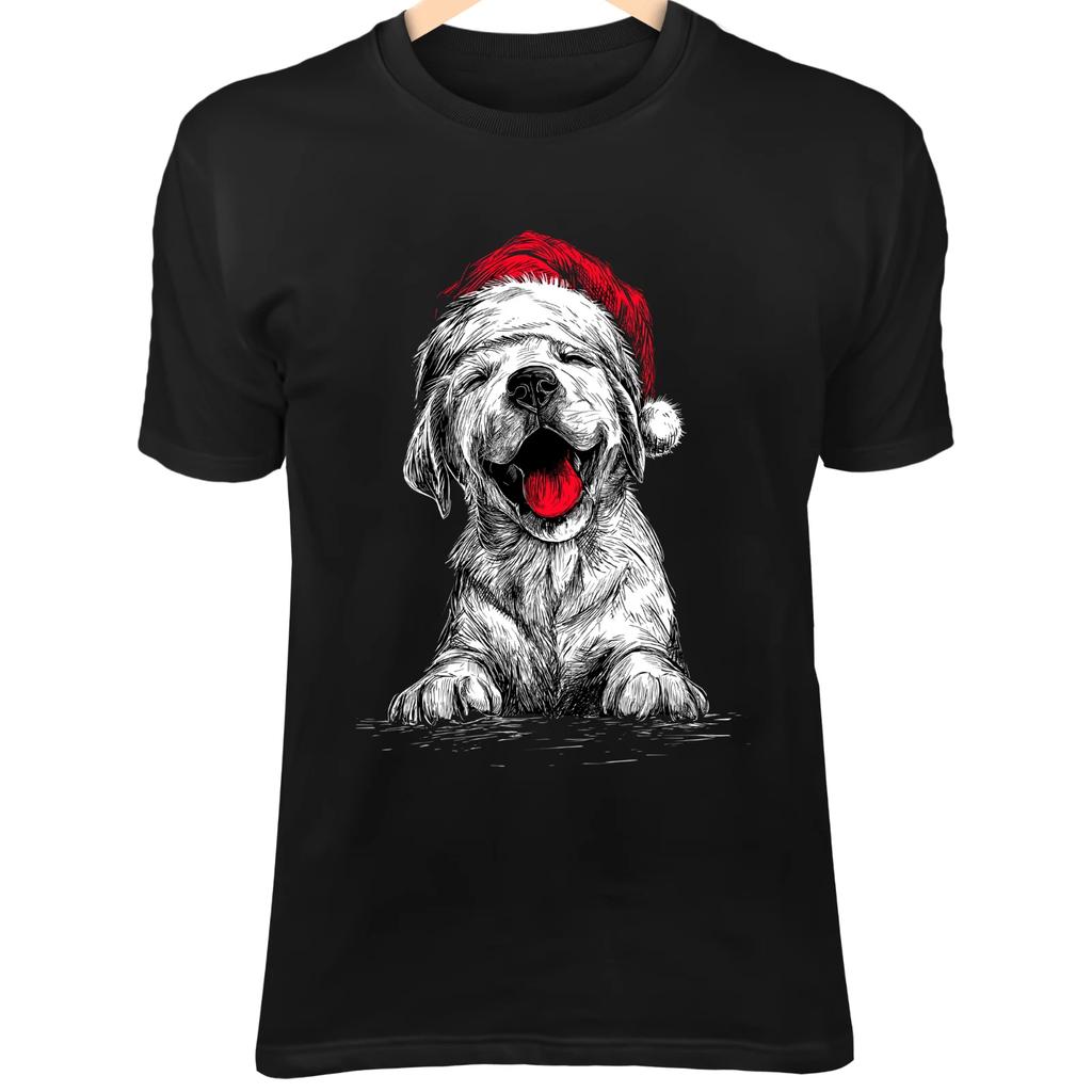 Christmas Dog Line Art - Cute Minimalist Cartoon with Santa Hat In Festive Kawai