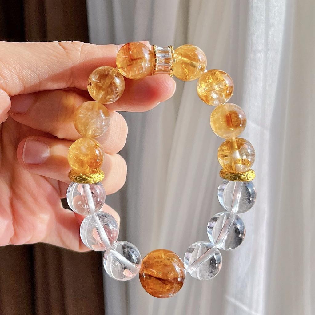 About 12Mm Large Particle Natural Citrine White Crystal Yellow Gum Flower Design Bracelet