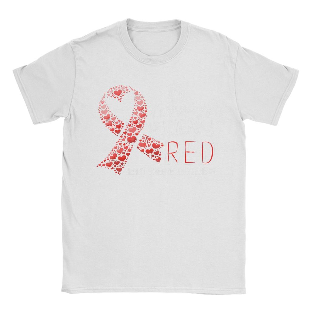Unisexs In February We Wear Red Heart Disease Awareness Month Ribbon T Shirts  Pure Cotton Clothing Awesome Round Collar Tee Shirt