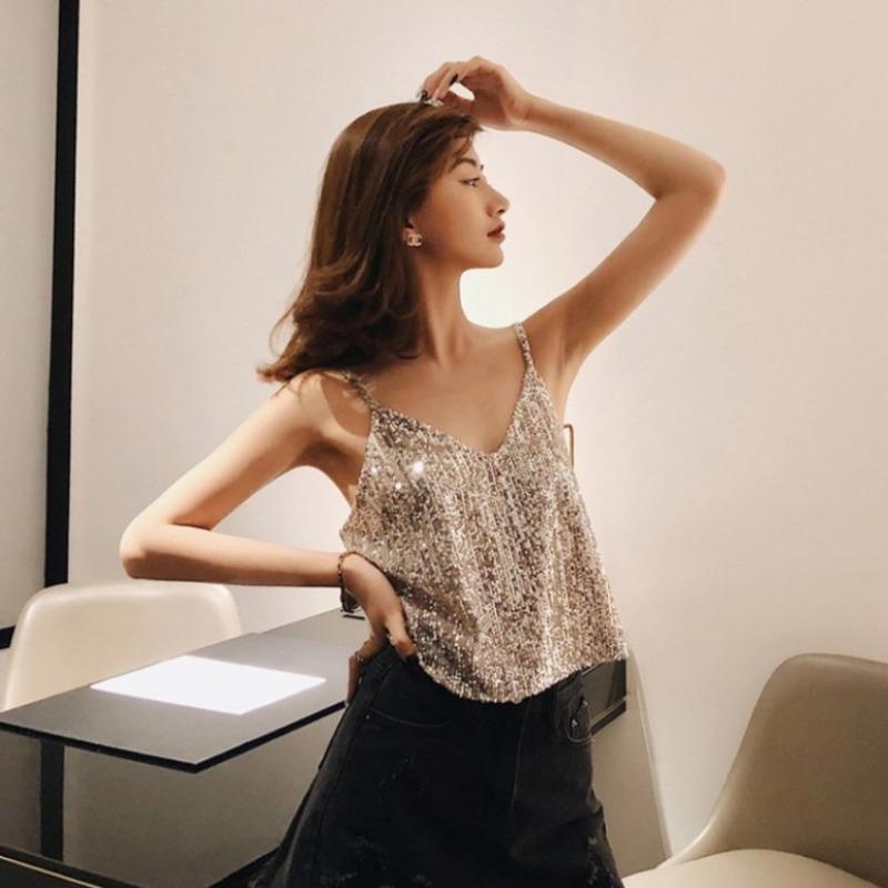 Szelki na zewnątrz do noszenia Moda Bundy Lato Wersja Koreańska Nowy Złoty Brokat Brokatowa Kamizelka Kobiety z Seksownymi Kobietami