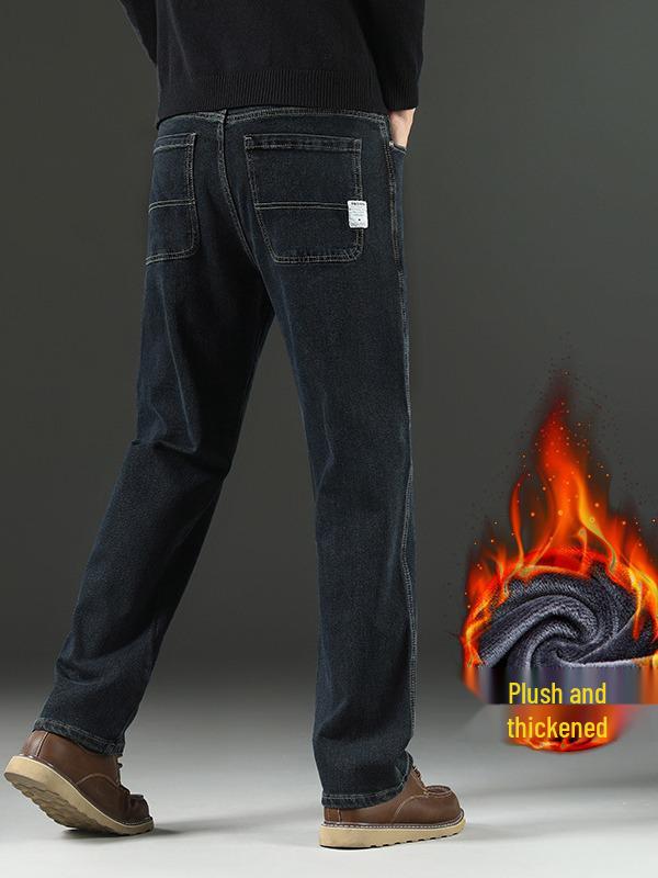 Men's Black Casual Loose Straight-Leg Jeans with Velvet Lining