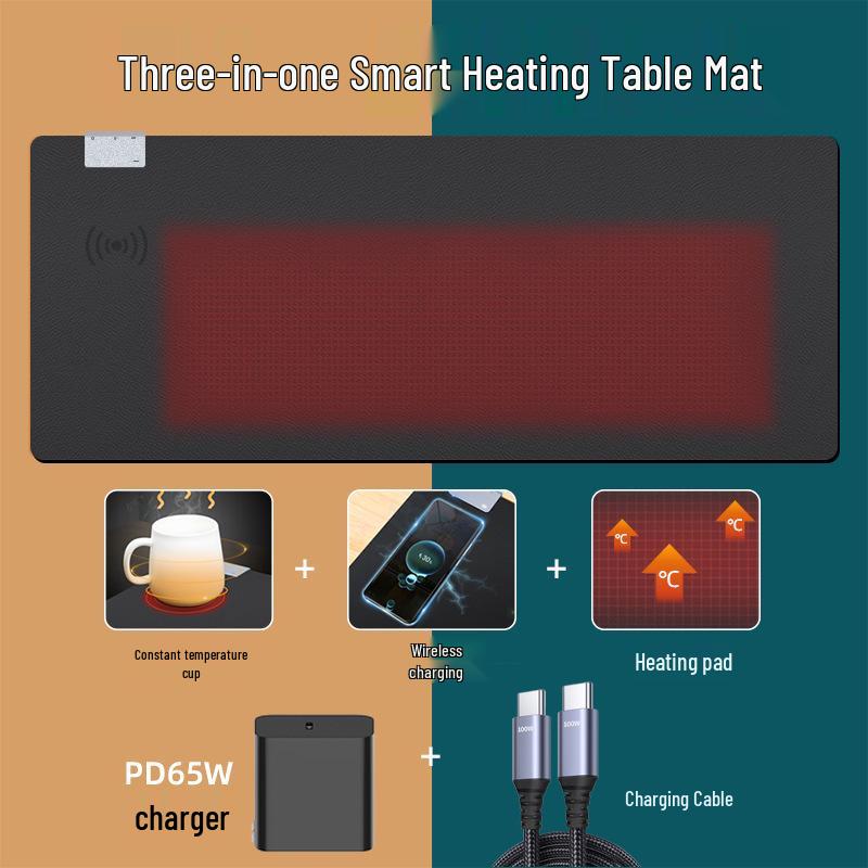 

Smart 3-in-1 Wireless Charging Desk Mat: 15W Charger, Heated Mouse Pad, with Constant Temperature Cup.