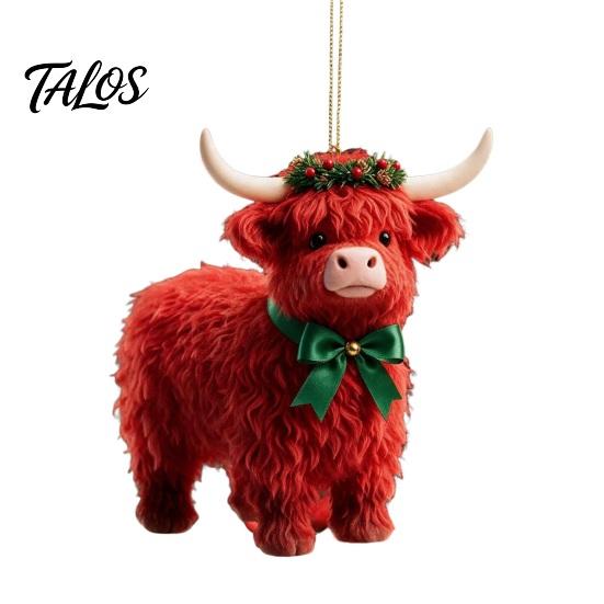 Acrylic Hanging Decorations for Bags Highland Yak Ornament Christmas Tree Decor, Cute 2D Flat Small Holiday Party Favors Pendant with Gold String
