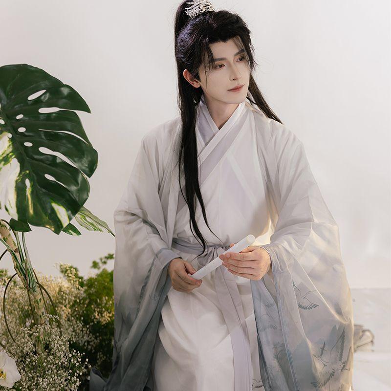 Chinese Wei And Jin Dynasty Style Hanfu Large-sleeved Shirt Ink Printing And Dyeing Suit, Daily Knight Suit