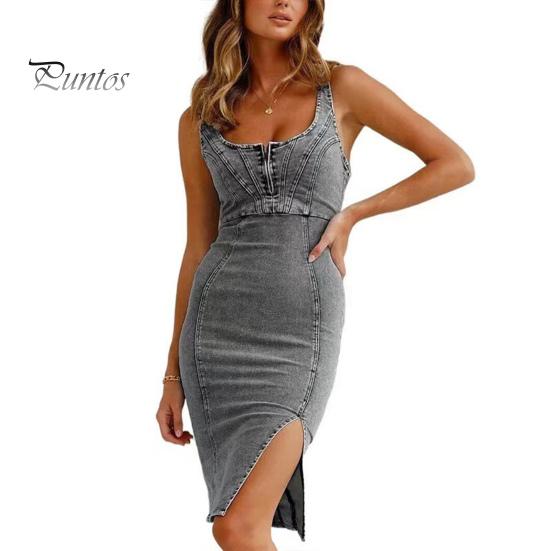 Dame Sommer Denimkjole Lav U-hals Ryggløs Ermeløs Glidelåslukking Slim Fit Distressed Sidesplitt Retro Etui Midi-kjole