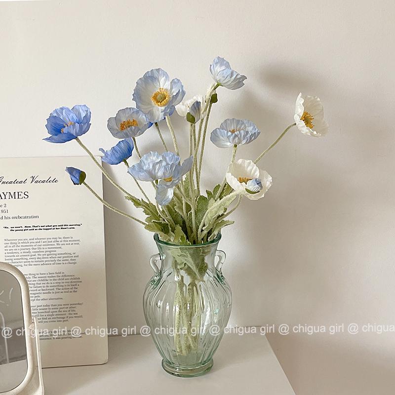 Blue Iceland Poppy Silk Flower Bouquet for Living Room Decoration