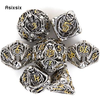7 Pcs Silver Golden Skull Metal Dice Hollow Metal Polyhedral Dice Set Suitable for Role-Playing RPG  Board Game Card Game