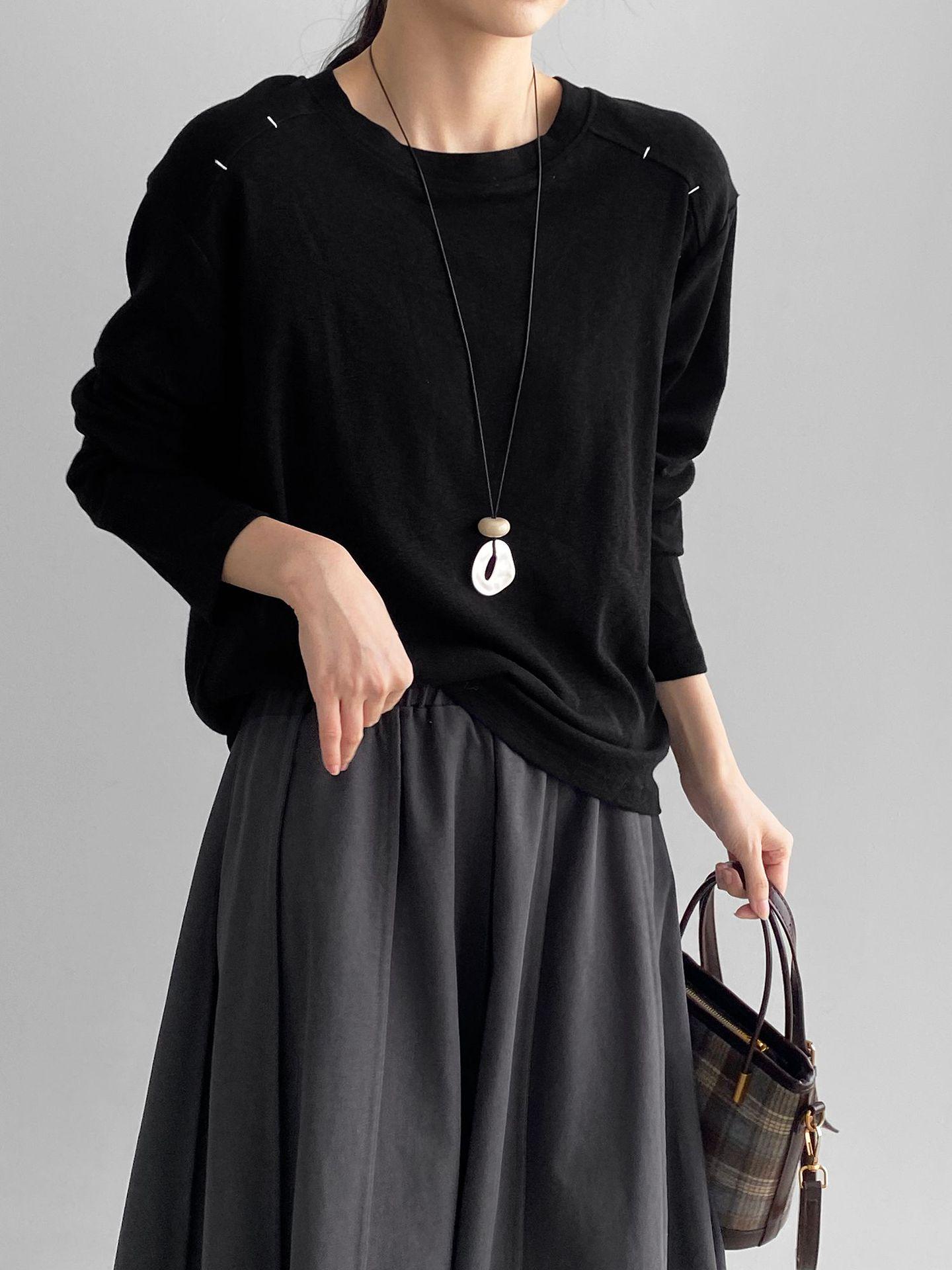 

Женская универсальная футболка с вышивкой в корейском стиле, с круглым вырезом и длинным рукавом - Удобный внутренний слой One Size чёрный