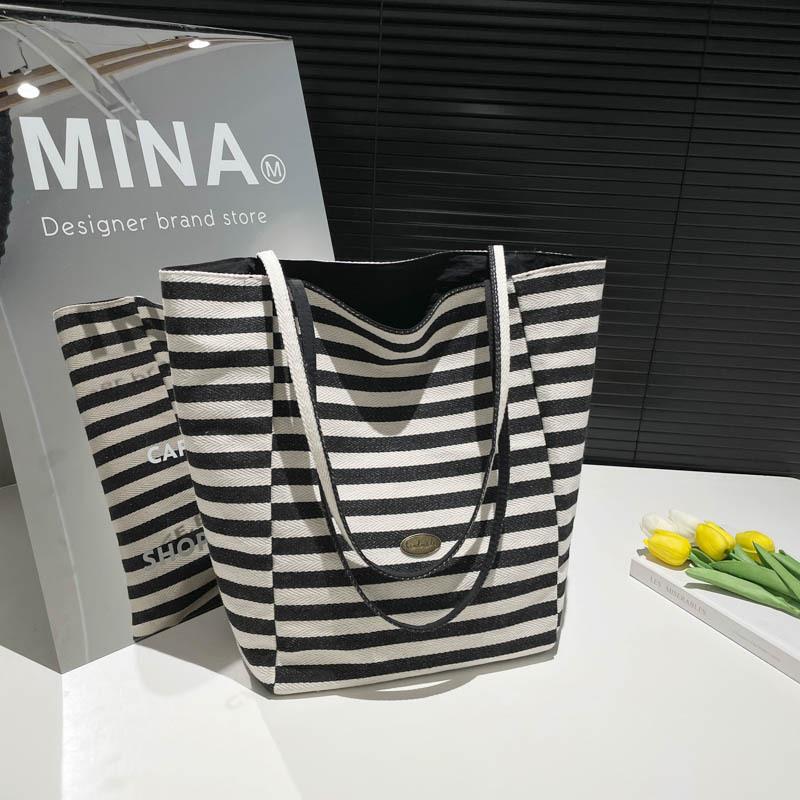 

Модная полосатая двусторонняя холщовая сумка, ленивая сумка-тоут, студенческая красная, большой вместимости, повседневная на плечо, женская чёрный