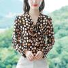 Lace Up Chiffon Shirt Women's New Korean Long Sleeve Print Ribbon Bottoming Top Scarf Collar Blouse M-4XL