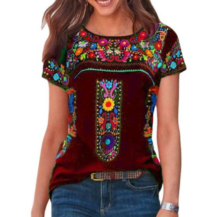 

Women Vintage Boho Ethnic Floral Print Tee Shirt O Neck Short Sleeve Loose Fit T Shirt Workwear 3XL вино красного