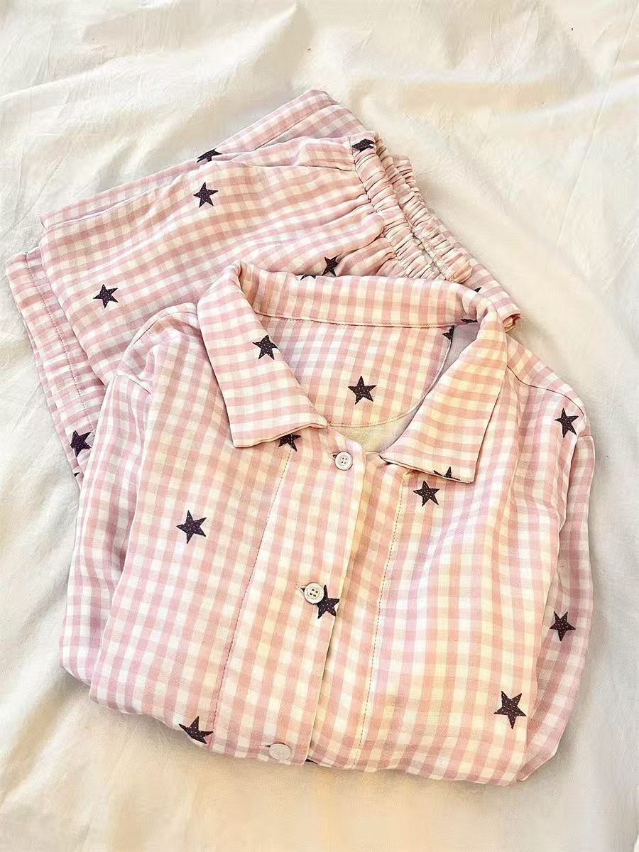 

Casual lazy wind star pink grid girl pajamas spring and autumn long-sleeved trousers cardigan ins wind suit loungewear S