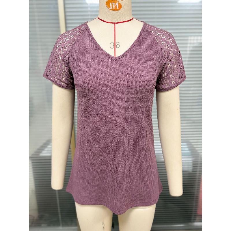 2026 Spring/Summer New Solid Color V-Neck Loose Lace Short-Sleeve T-Shirt for Women