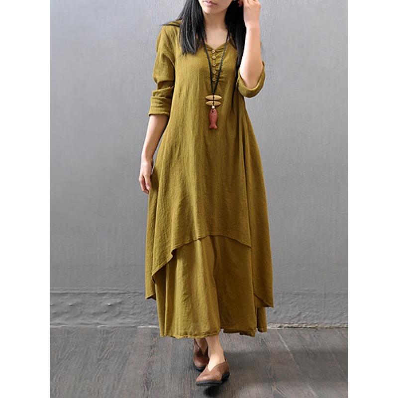 Rochie Midi Boemă de Vară Vintage Femei Elegantă Solidă Stratificată Mânecă Lungă Rochii Modă Largă Gât în V Casual Streetwear Vestidos