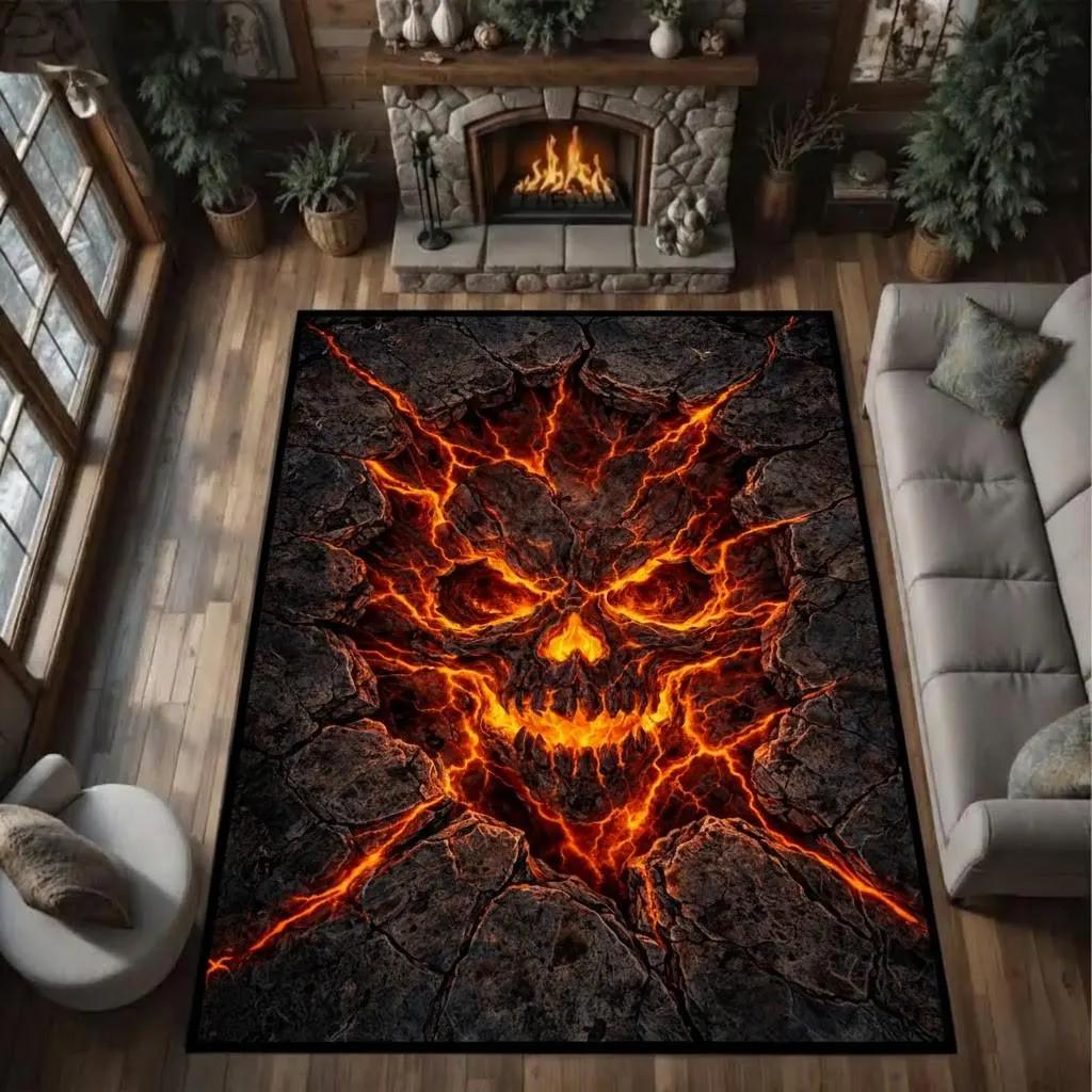 Gothic Skull Living Room Carpet Horror Themed Floor Mat Cool Optical Illusion Home Decor Soft Non-Slip Mat for Bedroom Game Room