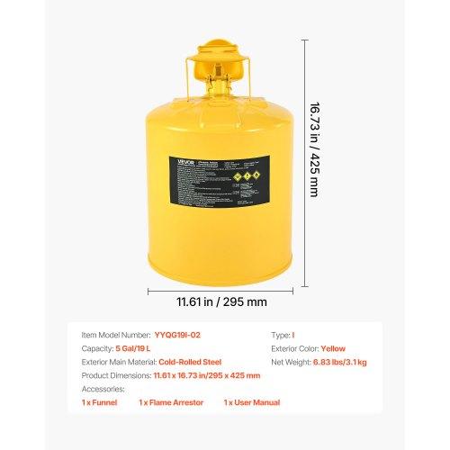 VEVOR Safety Can, 19 L Type I Yellow Safety Can for Diesel with Stainless Steel Flame Arrester, Self-Closing Lid, and PE Funnel
