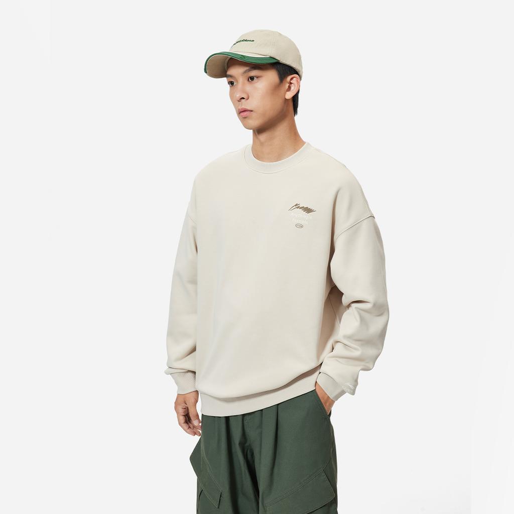 Li Ning Sports Lifestyle Series Solid Color Logo Round Neck Comfortable Breathable Fleece Warm Sweatshirt Unisex Sweatshirt Oatmeal-Gray AWDU981-10