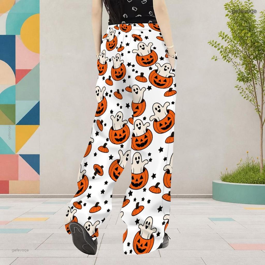 Girls White Halloween Cartoon Printed Wide Leg Long Pants
