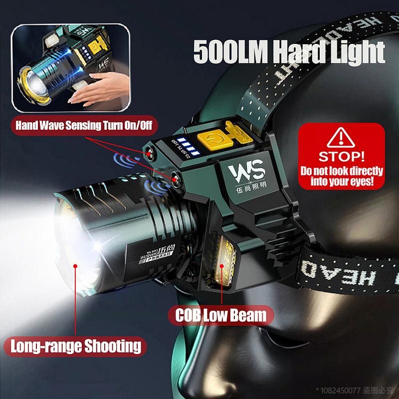 Rechargeable Headlamp Geste Sensor Zoomable Headlamp LED Outdoor Strong Light 5 Modes Multiduty Headlight for Camping Fishing