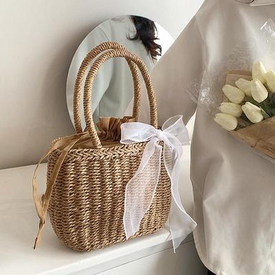 Yogodlns Straw White Ribbon Decor Women Handbag Summer Rattan Woven Beach Travel Bohemia Totes Bag