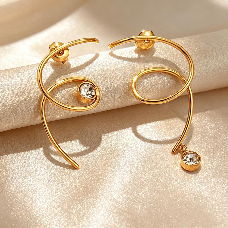 Stainless Steel Asymmetrical Diamond-encrusted Stud Earrings with Geometric Curves