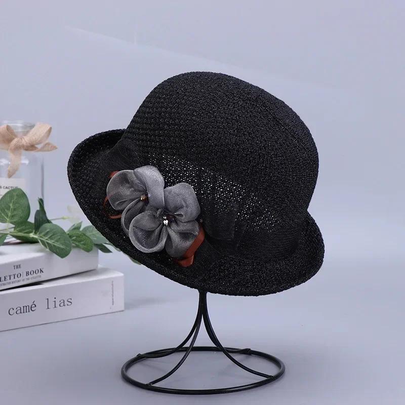 Fashion Elegant Version Women Summer New Knitted Breathable Flower Fisherman Hat Sunshade Sunscreen Curly Edge Short-brimmed Hat