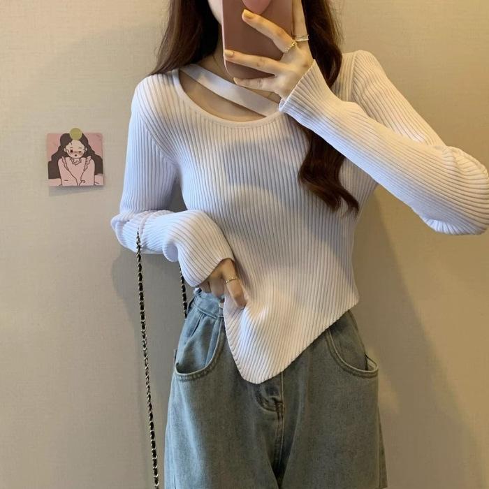 Autumn and Winter Thin Slim-fit Inside Long-sleeved Bottom Knitwear Trendy Design Sense Small Irregular Short Sweater Woman