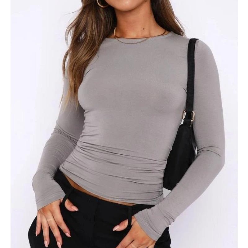 Women's Casual Long Sleeve T-Shirt Spring and Autumn Solid Color Slim Fit Pullover Bottoming Shirt Top