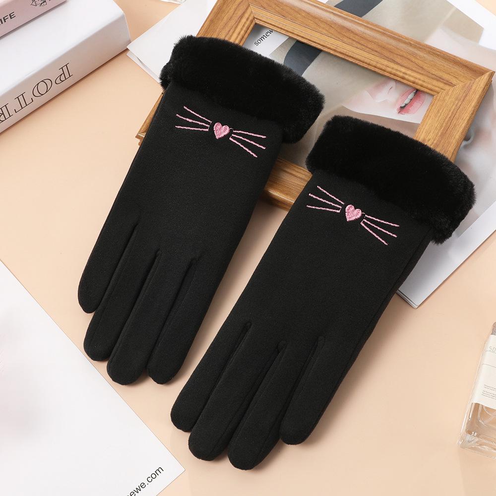 Women's Touchscreen Fleece Cycling Gloves - Cartoon Style, Thickened, Cold Weather Protection