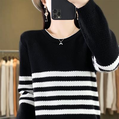 Rundhals-Kontraststreifenpullover für Damen im Herbst Einfacher Strickpullover