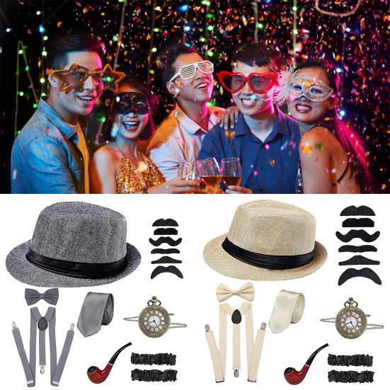 1 Set Cosplay Costume with Newsboy Hat Suspenders Armbands Tied Bow Knot Pocket Watch Dress Up Party Props Fashion