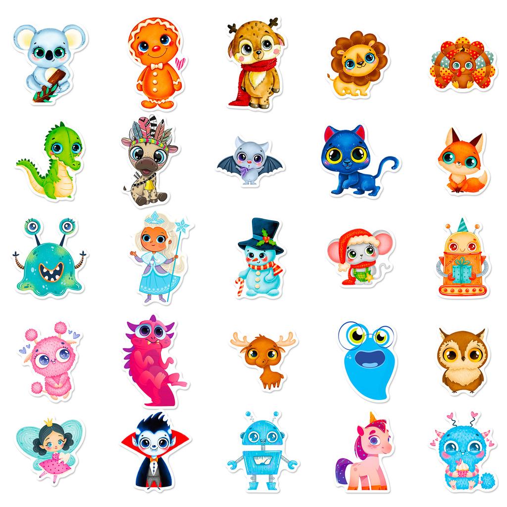 50 Big Eyed Animal Graffiti Stickers Best Selling Waterproof Creative Stationery Stickers Pencil Case